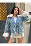 Sagi̇ Women's Cuff & Collar Fur Detailed Metal Button Cross Zipper Inside Fully Fur-Lined Denim Coat - 6