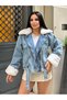 Sagi̇ Women's Cuff & Collar Fur Detailed Metal Button Cross Zipper Inside Fully Fur-Lined Denim Coat - 3