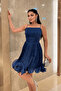 Chiffon Fabric Gathered Detailed Strap Mini Dress - Dark Blue - 4