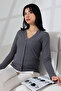 Korent Women's Soft Textured Slim Fit Basic Buttoned Square Jacquard Short Cardigan - Smoked