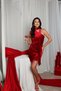 Red Shawl and Shoulder Pad Detailed Gathered Waist Mini Length Velvet Dress - 3