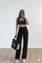 Alisya Black Stretch Fabric Super High Waist Wide Leg Loose Palazzo Jeans Pants Trousers