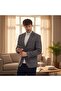 Maregas Men's Navy-Mustard Cotton Plaid Slim Fit Mono Collar Sports Blazer Jacket