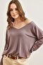 Women's Dark Mink Silver Stitching Detail V-Neck Viscose Blouse Blz- 19002747 - 3