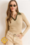 Women's Beige Khaki Color Block Polo Neck Cotton Stretchy Blouse Blz-19003104
