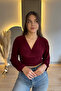Sandy Fabric V-Neck Burgundy Blouse - 8
