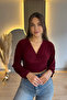 Sandy Fabric V-Neck Burgundy Blouse