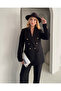 Women's Black Double-Breasted Button Blazer Jacket Pants Set