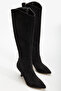 Selecto Women's Black Suede Zippered Heeled Long Boots Pointed Toe Vegan Leather - 6