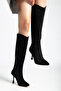 Selecto Women's Black Suede Zippered Heeled Long Boots Pointed Toe Vegan Leather - 5