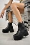 Women's Black Leather Thick Soled Drawstring