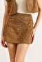 Women's Tan Zippered Stone Detailed Mini Suede Skirt Etk-19000368 - 3