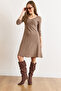 Women's Brown Button Detailed Double-Breasted Midi Bell Dress Elb-19002031 - 2