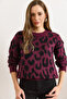 Women's Plum Crew Neck Leopard Fleece-Lined Knitwear Sweater Kzk-19001077 - 6