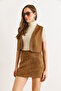 Women's Tan Zippered Stone Detailed Mini Suede Skirt Etk-19000368 - 5