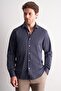 Navy Blue-White Half Italian Collar Striped Pattern Long Sleeve Slim Fit Cotton Shirt 1004255179