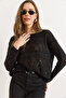 Women's Black Geometric Openwork Detailed Knitwear Sweater Kzk-19001044