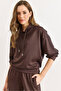 Women's Brown Modal Buttoned Hooded Thread Detail Flowy Sweatshirt Swt-19000778