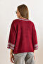 Women's Burgundy Cuff Sleeve Detail Three-Quarter Sleeve Knit Sweater KZK-19000975 - 2