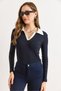 Women's Navy Blue White Color Block Polo Neck Cotton Stretchy Blouse Blz-19003104 - 4