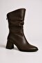Brown Back Zipper Pointed Toe Thick Heel Rubber Sole Women's Boots - 5