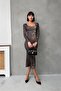 Square Neck Leopard Print Long Sleeve Bodycon Midi Pencil Dress - 6
