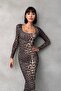 Square Neck Leopard Print Long Sleeve Bodycon Midi Pencil Dress - 5