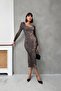 Square Neck Leopard Print Long Sleeve Bodycon Midi Pencil Dress - 4