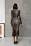 Square Neck Leopard Print Long Sleeve Bodycon Midi Pencil Dress - 8