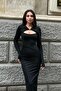 Black Window Buckle Detailed Drawstring Elastic Sandy Fabric Long Pencil Dress - 3