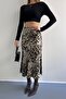 Leopard Patterned Viscose Satin Fabric Midi Skirt - Black - 2