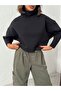Women's Black Mock Neck Batwing Sleeve Short 3 Thread Sweatt Blouse - 3