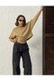 Women's Beige Mock Neck Batwing Sleeve 3 Thread Short Sweat Blouse - 3