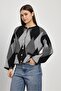 Women's Diamond Patterned Oversized Pocketless Feather Cardigan - 5