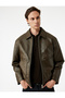 Slim Fit Long Sleeve Zipper Shirt Collar Faux Leather Jacket - 2