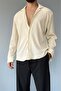 Apaç Collar Long Sleeve Wrinkled Textured Oversize Beige Shirt