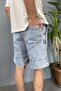 Blue Denim Shorts with Elastic Waist and Laces - 3
