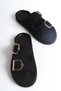Women's Black Suede Orthopedic Sole Double Buckle Straw Slippers - 7