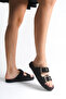 Women's Black Suede Orthopedic Sole Double Buckle Straw Slippers - 6