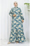 Viscose Fabric Patterned Dress with Elastic Sleeves 2037-04 Green - 2