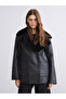 Black Double-Breasted Collar Women's Leather-Look Coat