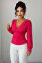 Fuchsia Women's Pearl Detail Long Sleeve V-Neck Crepe Blouse