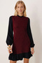 Women's Burgundy Dress with Ruffled Collar and Hem with Houndstooth Pattern Arm-21Y001080