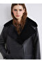 Black Double-Breasted Collar Women's Leather-Look Coat - 3