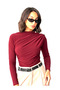 Women's Burgundy Boat Neck Shoulder Buttoned Long Sleeve Sandy Fabric Blouse