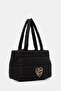 Women's Embossed Logo Woven Fabric Zippered and Long Strap Black Shoulder Bag - 2