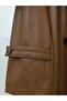 Leather Trench Coat with Belt and Side Pockets - Tan - 7