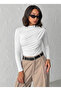 Women's Ecru Boat Neck Buttoned Shoulder Gathered Long Sleeve Sandy Fabric Blouse - 4