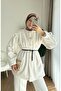 Women's Button Detailed Belted New Season Thai Feather Jacket - Cream