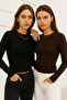 Women's Black-Brown 2-Pack Crew Neck Stretchy Fabric Bodycon Slim Fit Long Sleeve Crop - 5